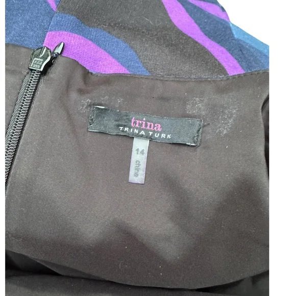 Trina Turk Size 14 Bell Sleeve Dress | Purple & Blue Swirl Geometric Mod Print - Picture 9 of 11